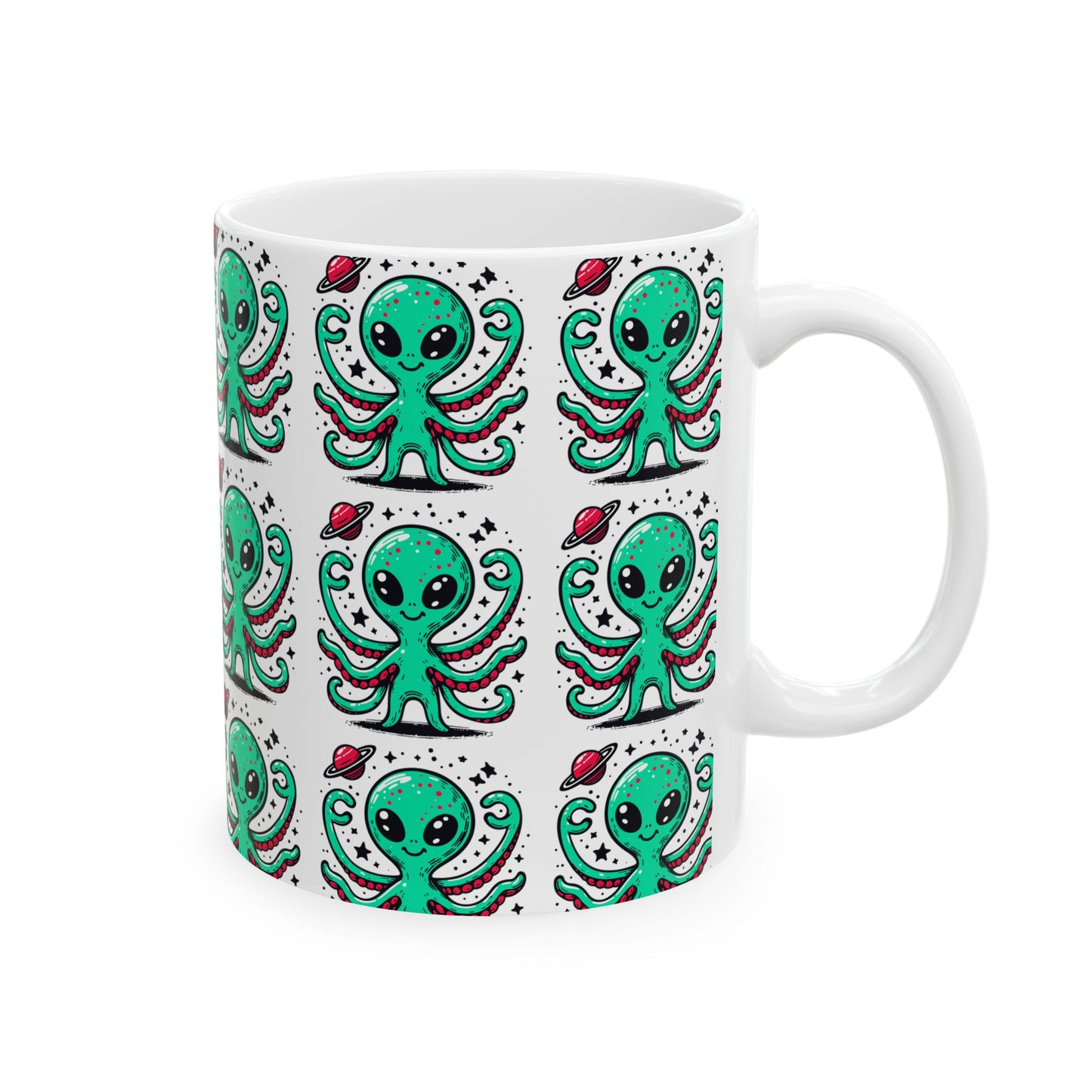 Cute Alien Pattern - White Ceramic Mug, (11oz, 15oz)
