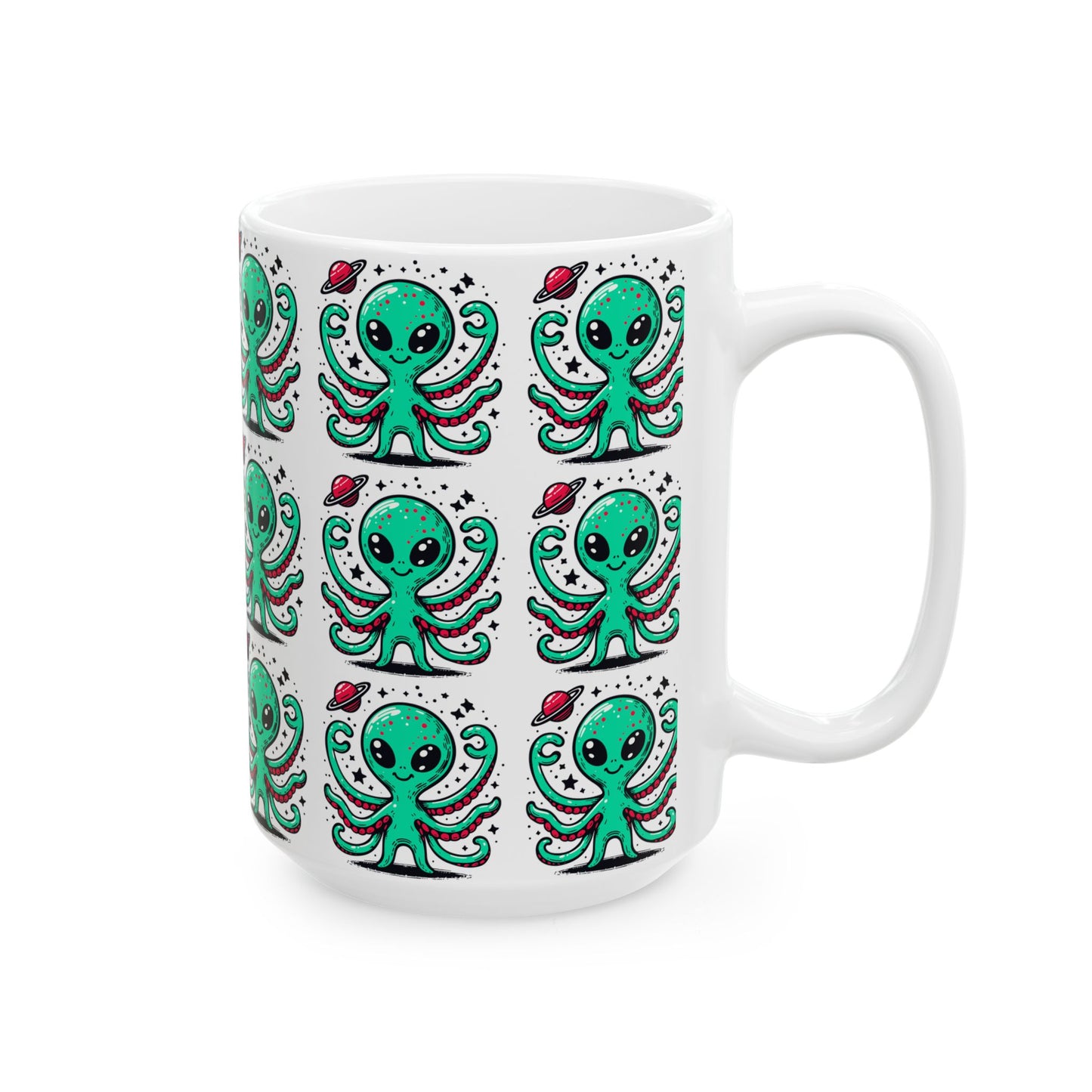 Cute Alien Pattern - White Ceramic Mug, (11oz, 15oz)
