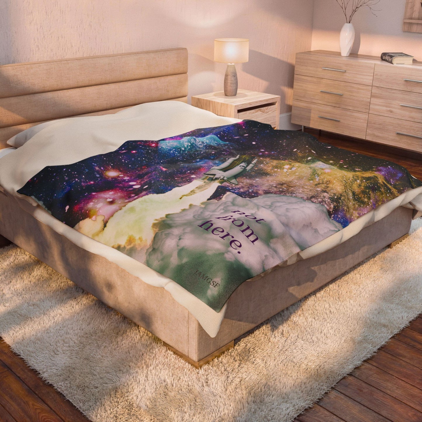 "Not From Here" Rocketship Launch - Galactic Outer Space Blanket