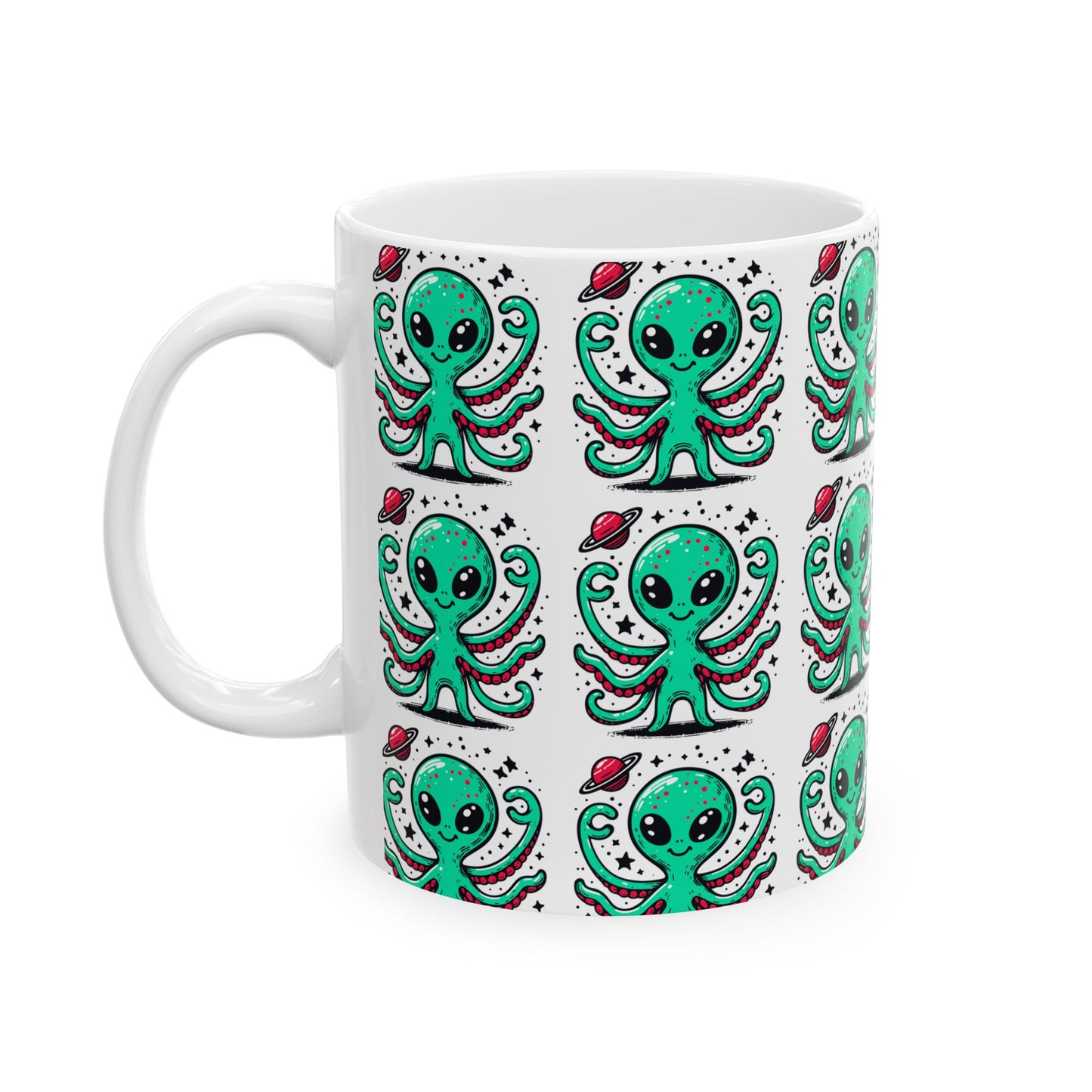Cute Alien Pattern - White Ceramic Mug, (11oz, 15oz)
