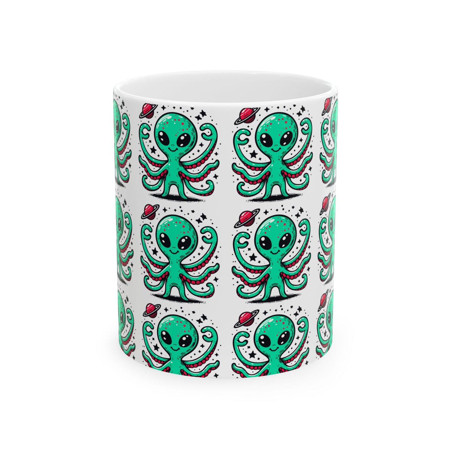 Cute Alien Pattern - White Ceramic Mug, (11oz, 15oz)
