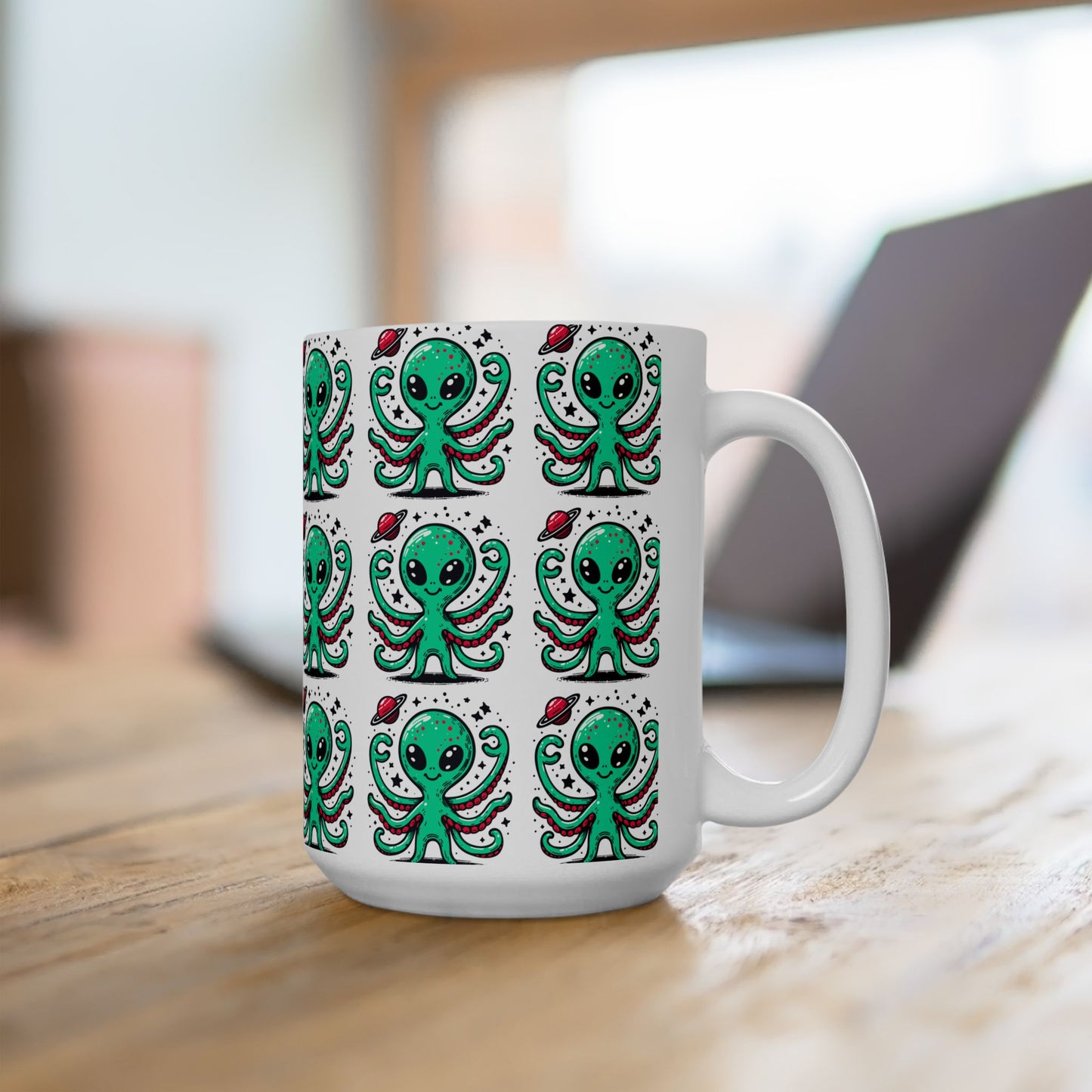 Cute Alien Pattern - White Ceramic Mug, (11oz, 15oz)