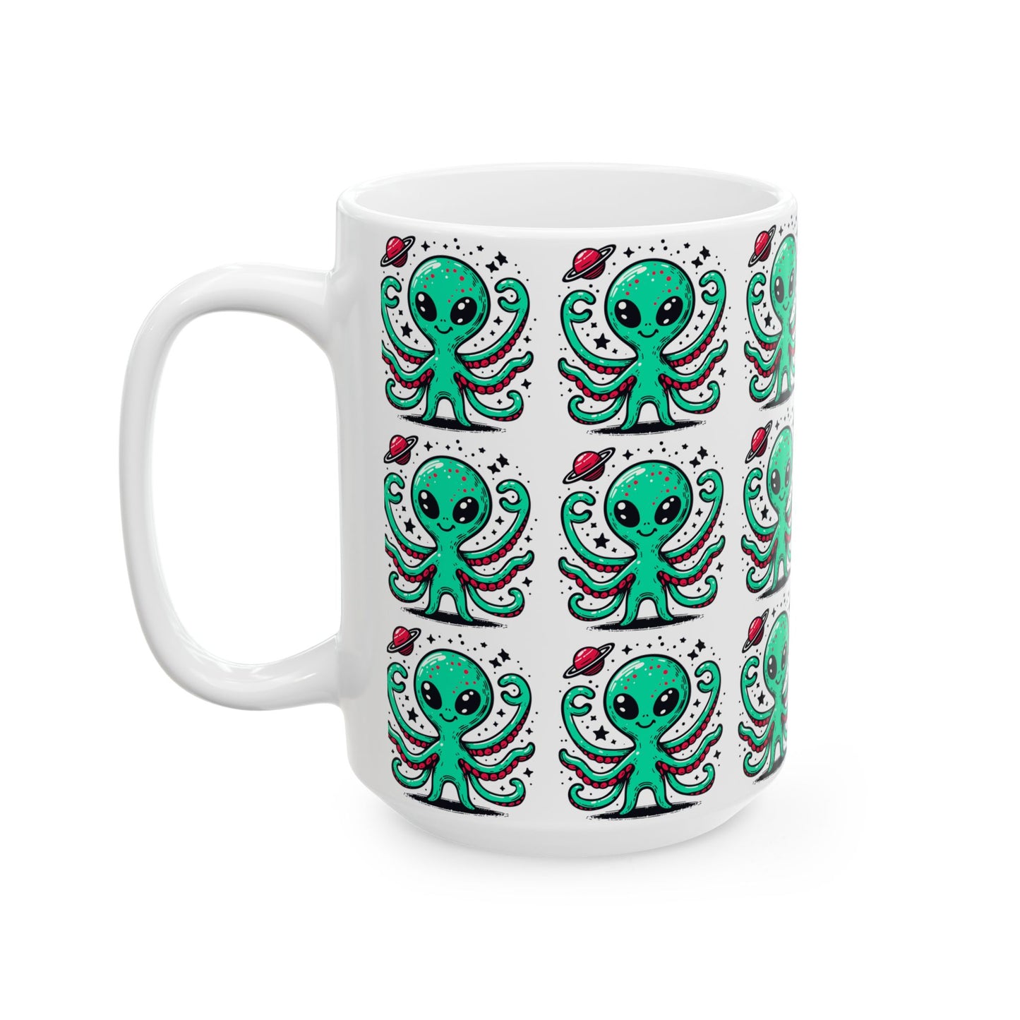 Cute Alien Pattern - White Ceramic Mug, (11oz, 15oz)