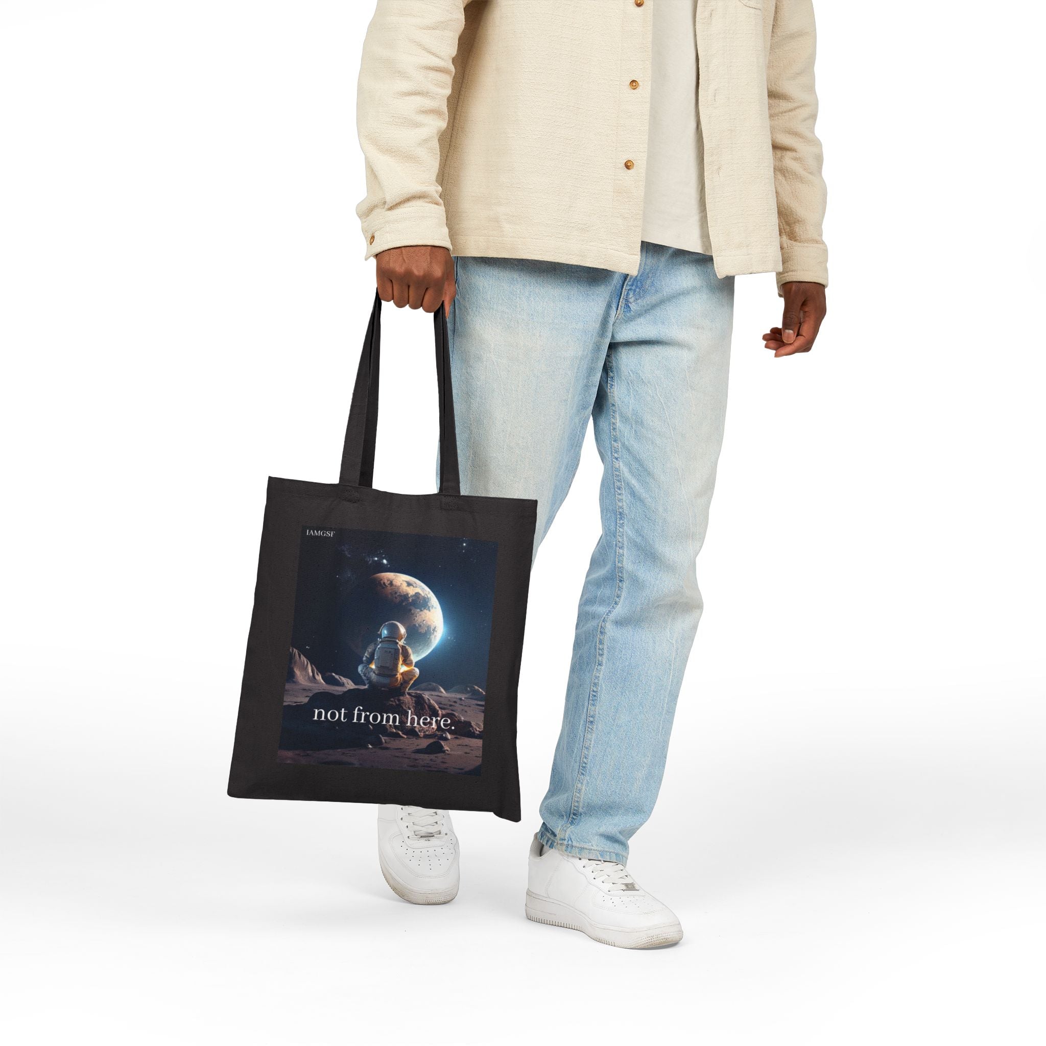 "Not from Here" Astronaut Gazing Back at Earth - Galactic Outer Space Tote Bag