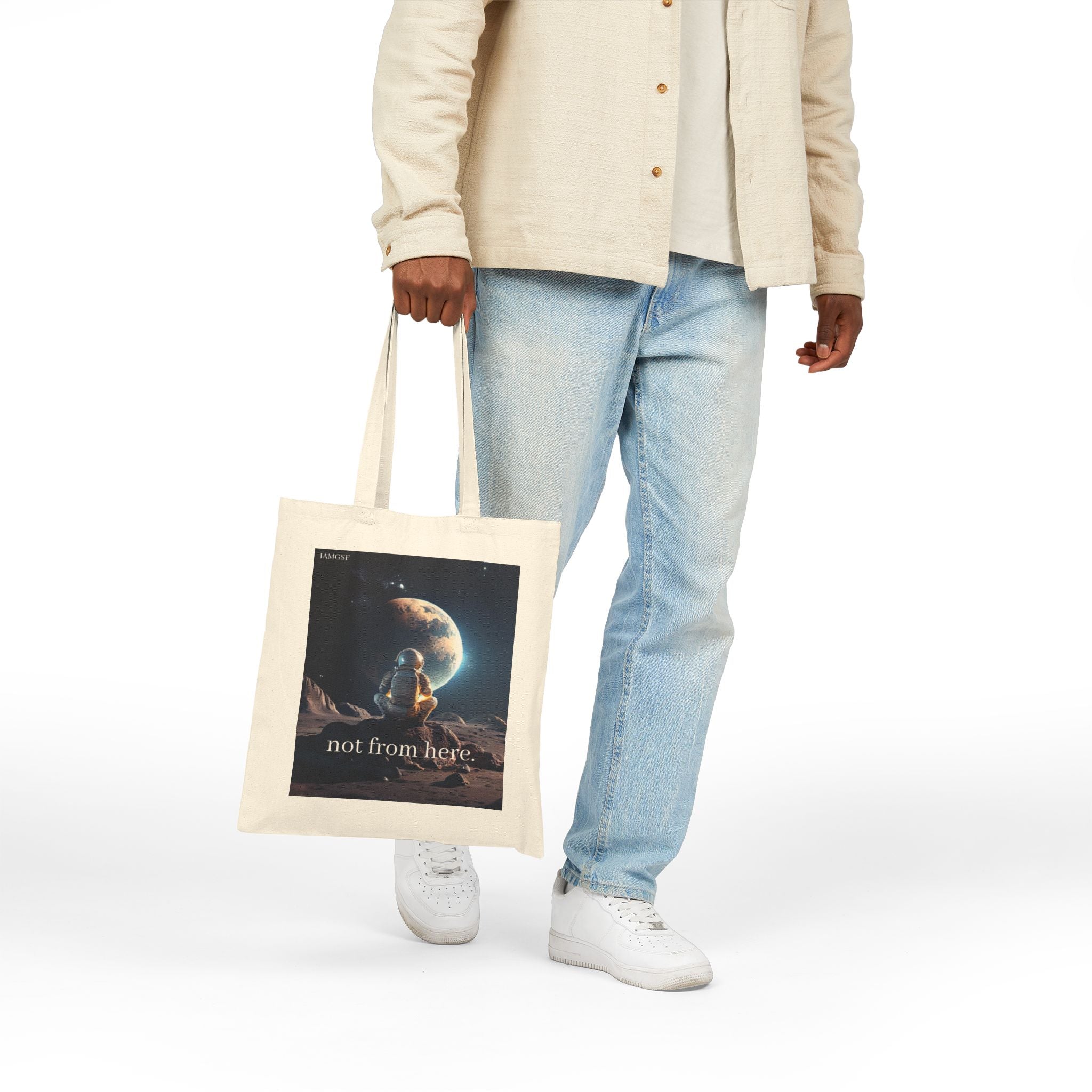 "Not from Here" Astronaut Gazing Back at Earth - Galactic Outer Space Tote Bag