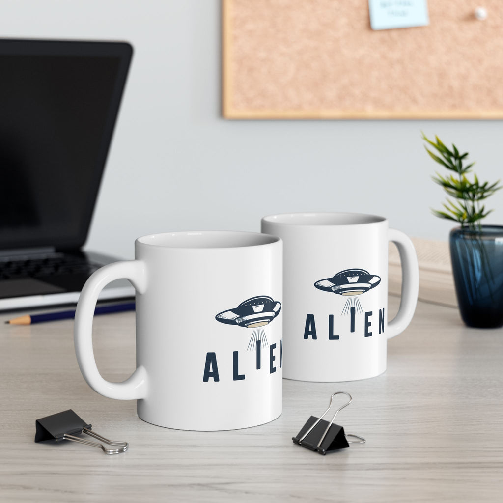 Alien with UFO - White Ceramic Mug, (11oz, 15oz)
