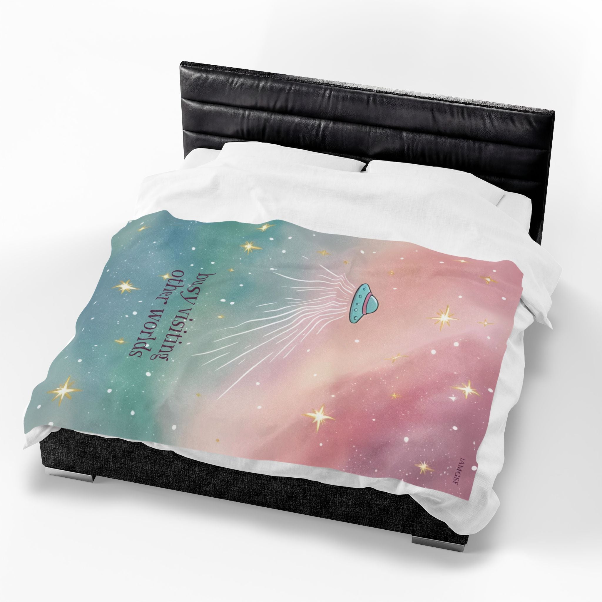 "Visiting Other Worlds" Playful UFO Dreamscape - Velveteen Plush Blanket