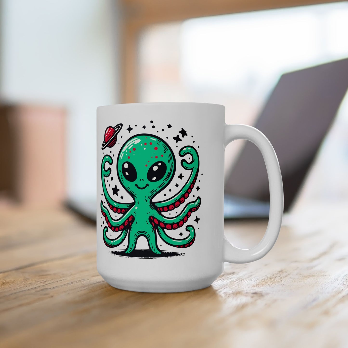 Cute Alien Companion - White Ceramic Mug, (11oz, 15oz)