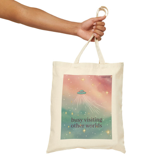 "Visiting Other Worlds" UFO Dreamscape Tote Bag - Cosmic Pastel Canvas Shopper