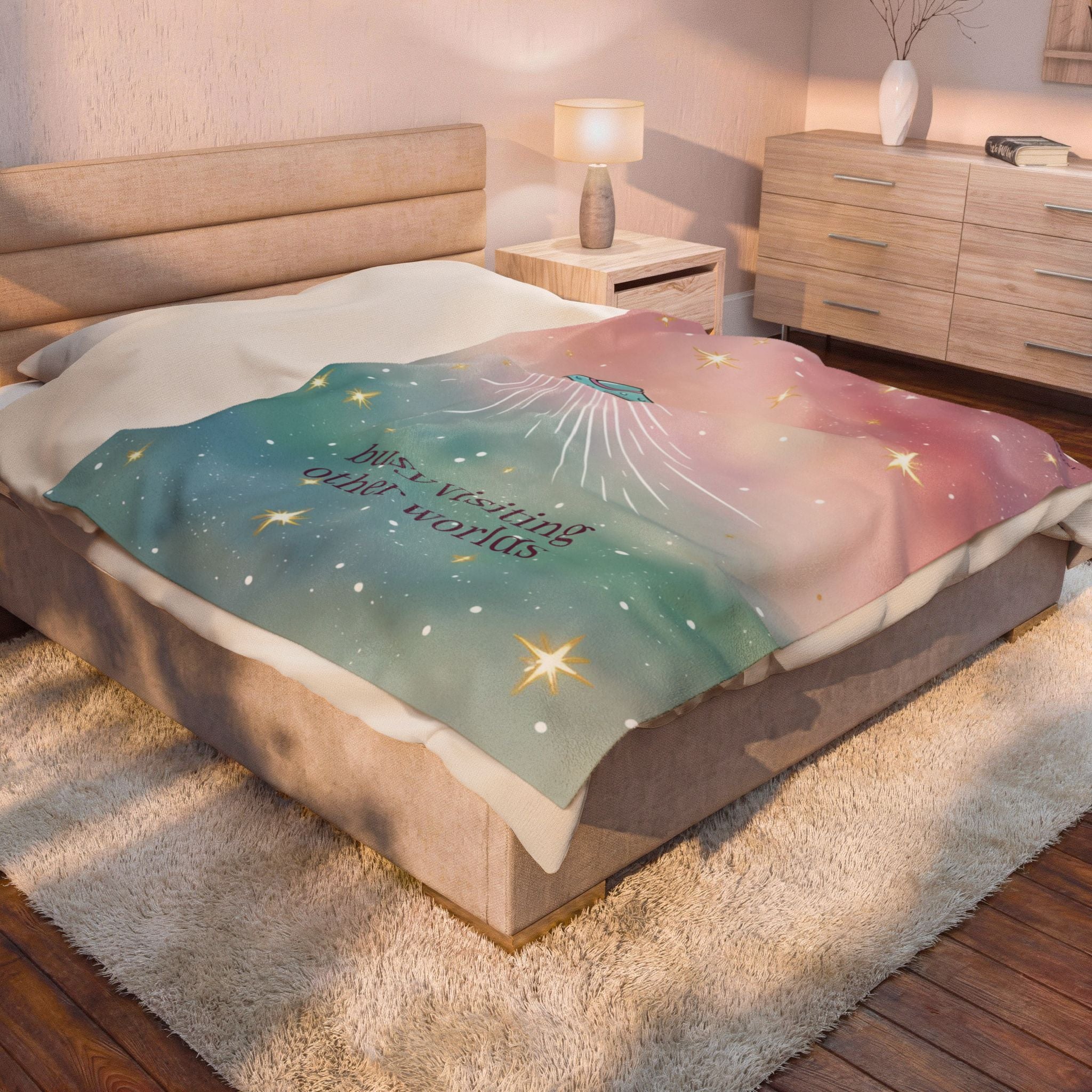 "Visiting Other Worlds" Playful UFO Dreamscape - Velveteen Plush Blanket