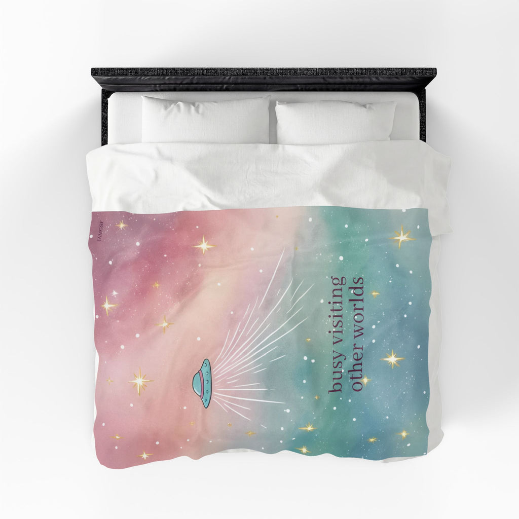 "Visiting Other Worlds" Playful UFO Dreamscape - Velveteen Plush Blanket