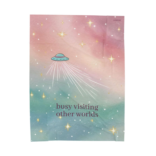 "Visiting Other Worlds" Playful UFO Dreamscape - Velveteen Plush Blanket