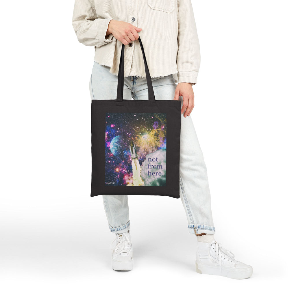 "Not from Here" Psychedelic Rocketship Blasting Off - Galactic Outer Space Tote Bag