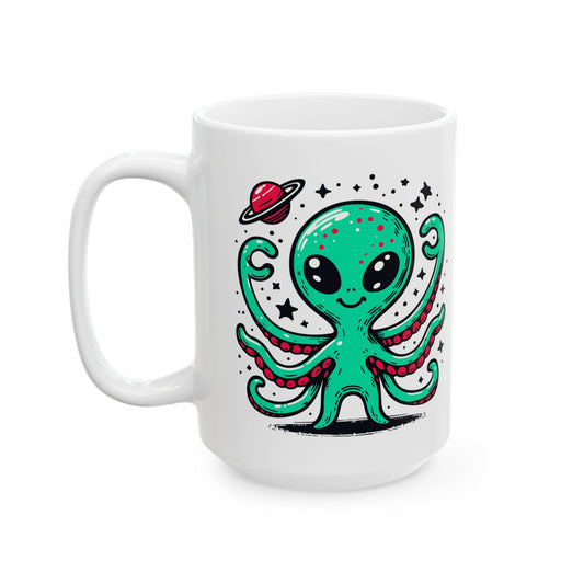 Cute Alien Companion - White Ceramic Mug, (11oz, 15oz)