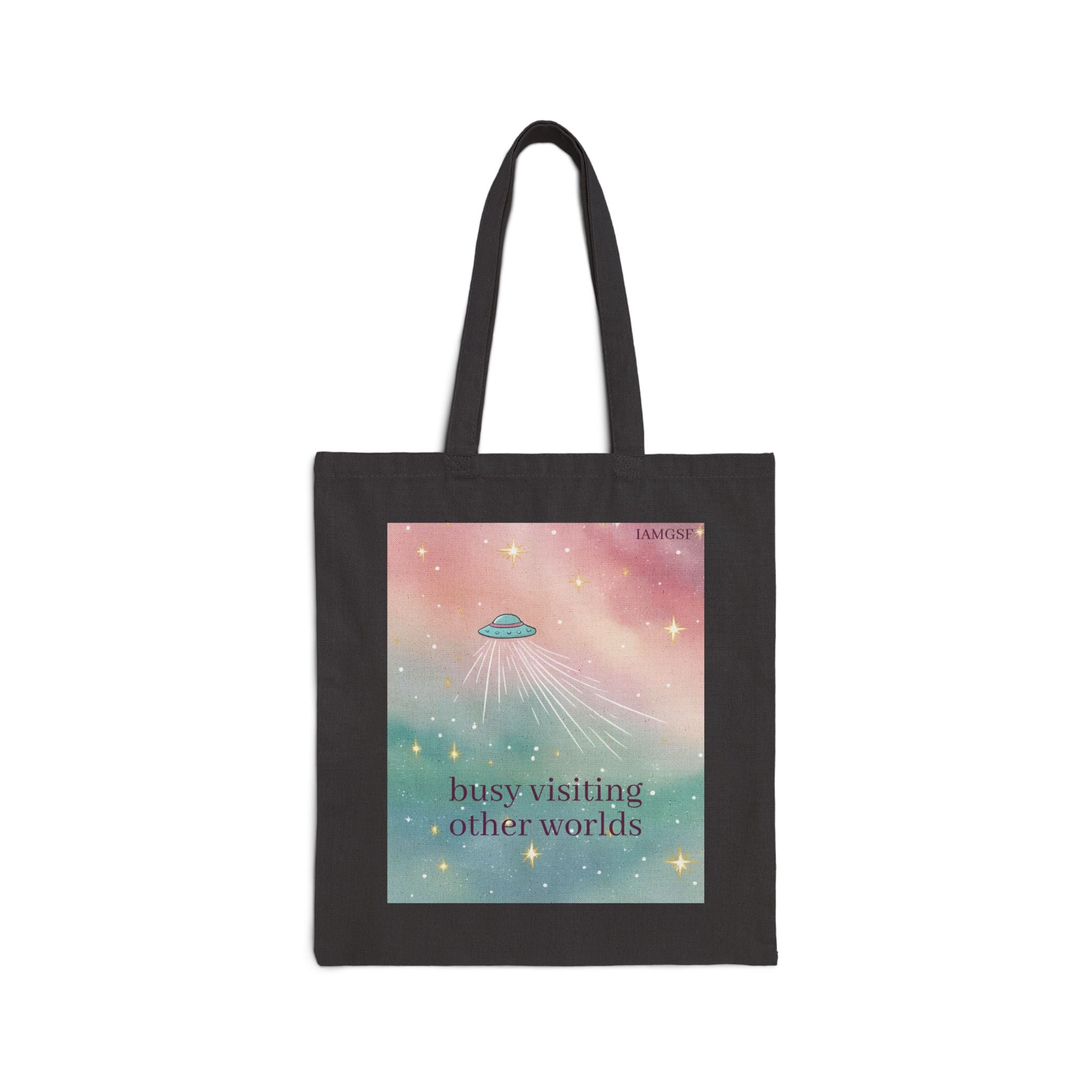 "Visiting Other Worlds" UFO Dreamscape Tote Bag - Cosmic Pastel Canvas Shopper