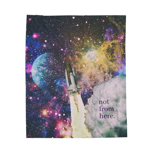 "Not From Here" Rocketship Launch - Galactic Outer Space Blanket