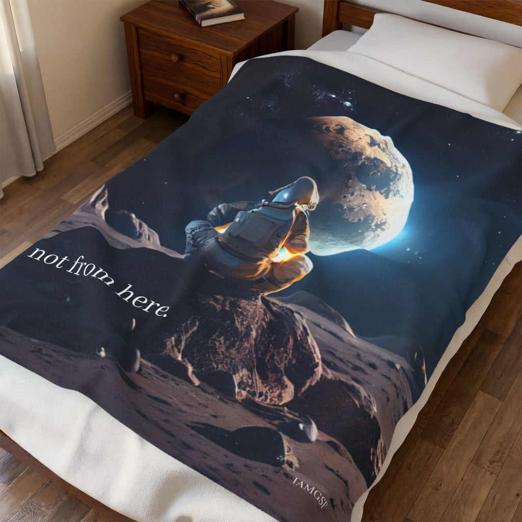 "Not From Here" Astronaut Gazing at Earth - Galactic Outer Space Blanket