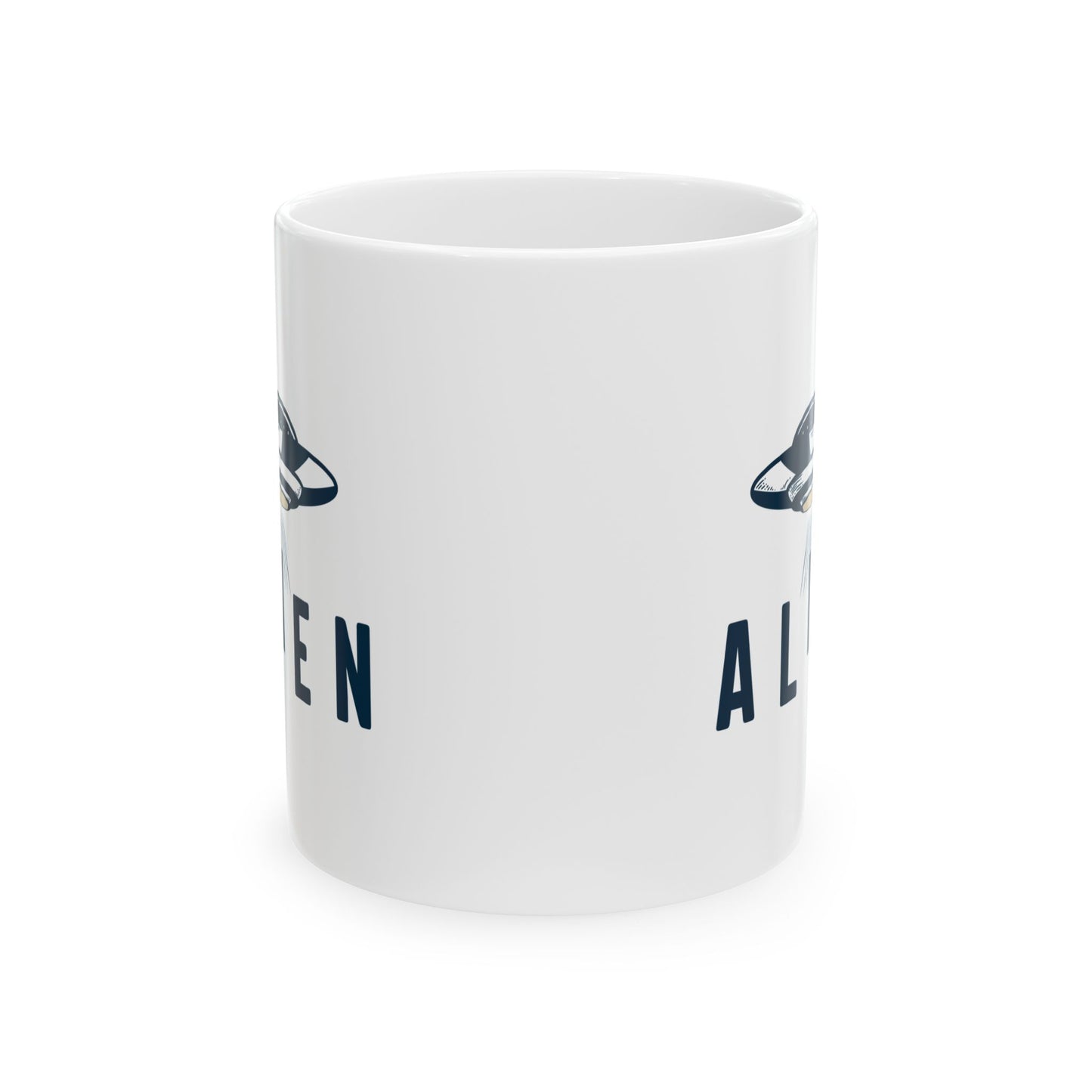 Alien with UFO - White Ceramic Mug, (11oz, 15oz)