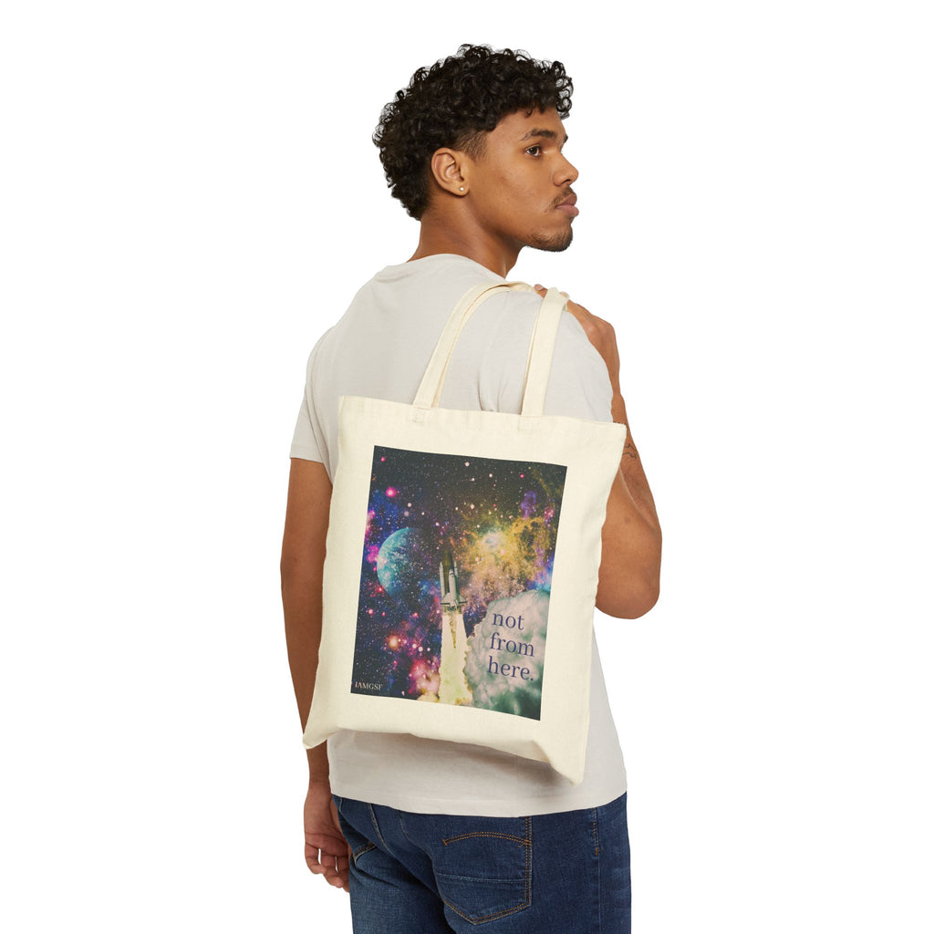 "Not from Here" Psychedelic Rocketship Blasting Off - Galactic Outer Space Tote Bag