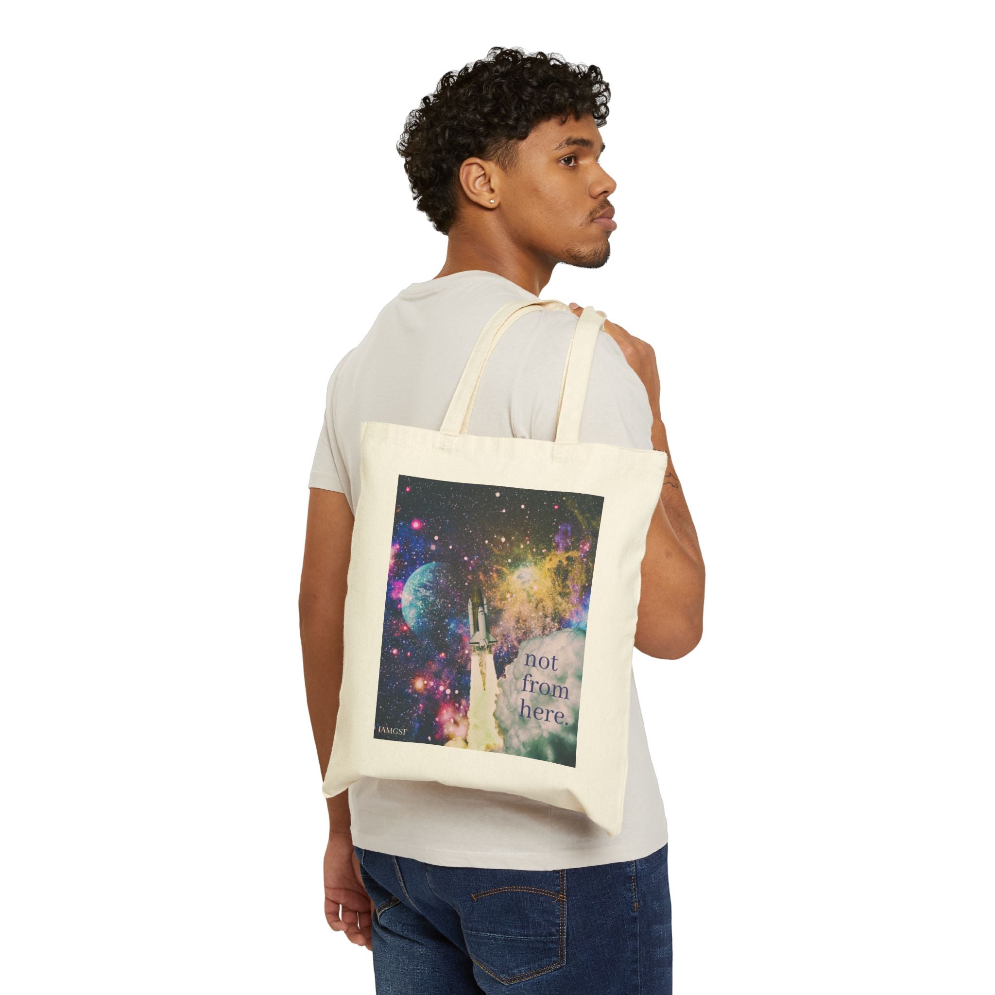 "Not from Here" Psychedelic Rocketship Blasting Off - Galactic Outer Space Tote Bag