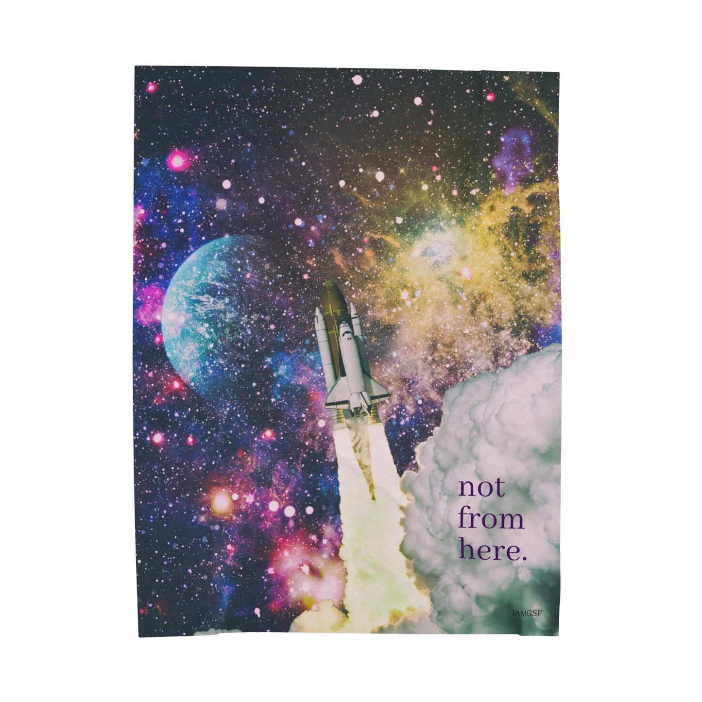 "Not From Here" Rocketship Launch - Galactic Outer Space Blanket