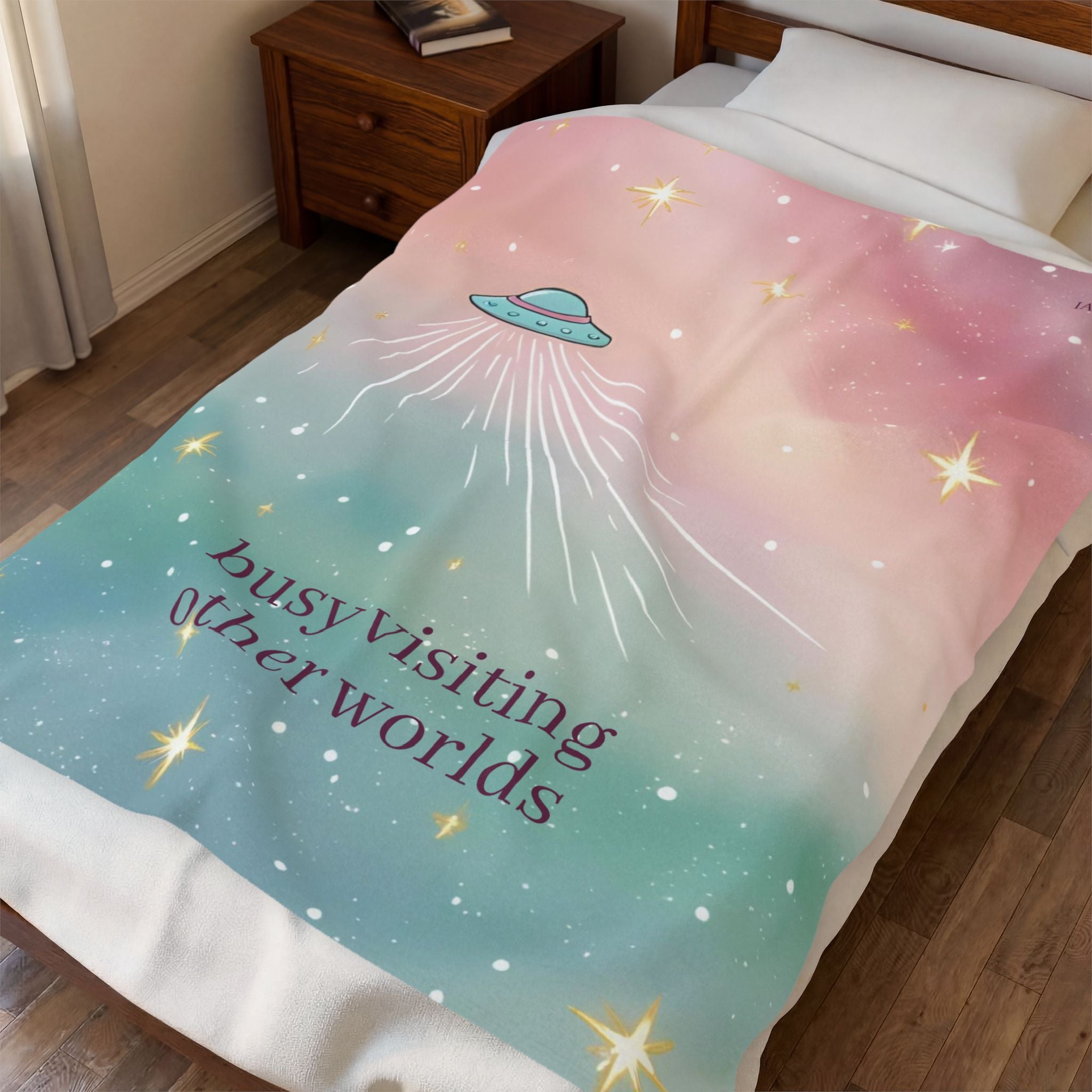 "Visiting Other Worlds" Playful UFO Dreamscape - Velveteen Plush Blanket