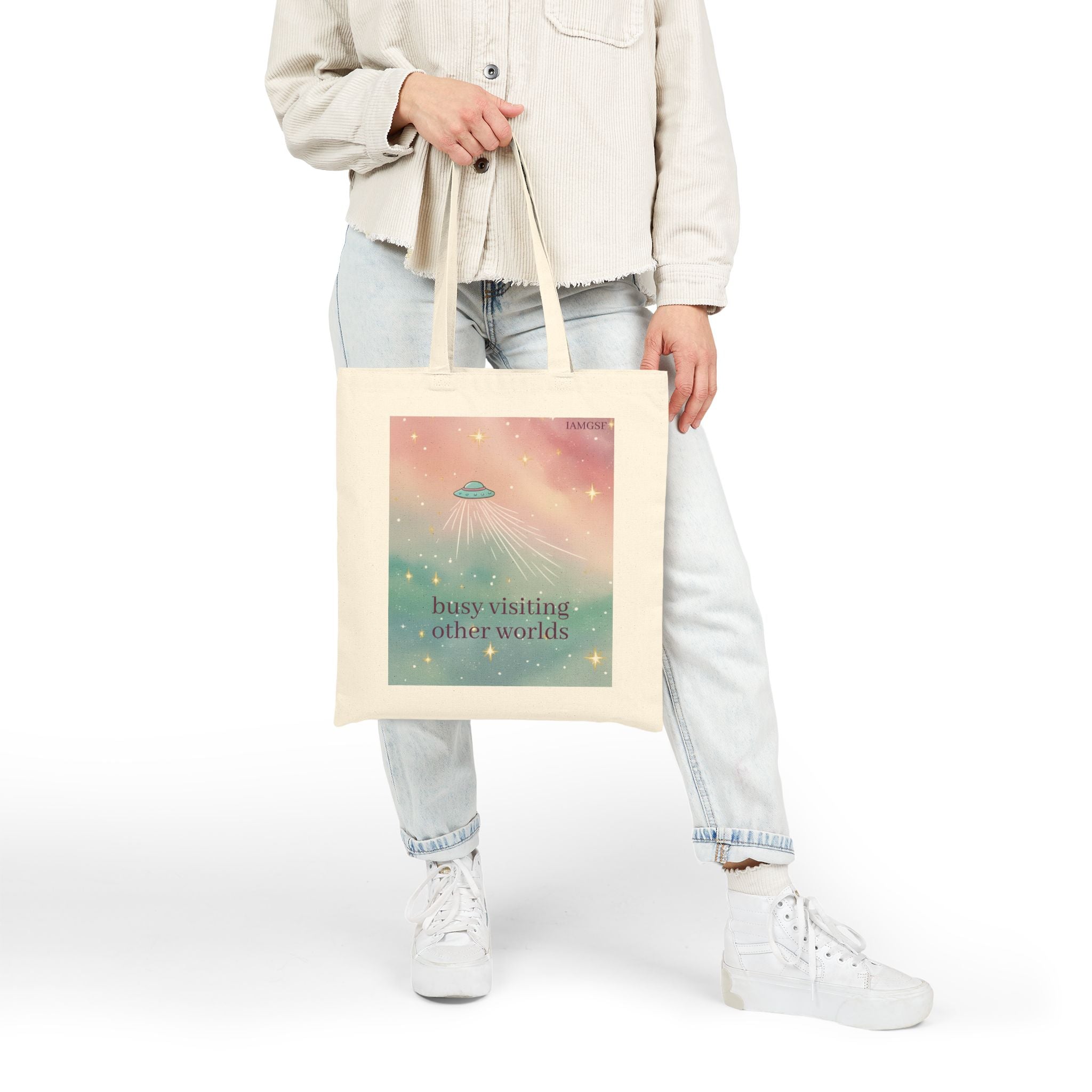 "Visiting Other Worlds" UFO Dreamscape Tote Bag - Cosmic Pastel Canvas Shopper