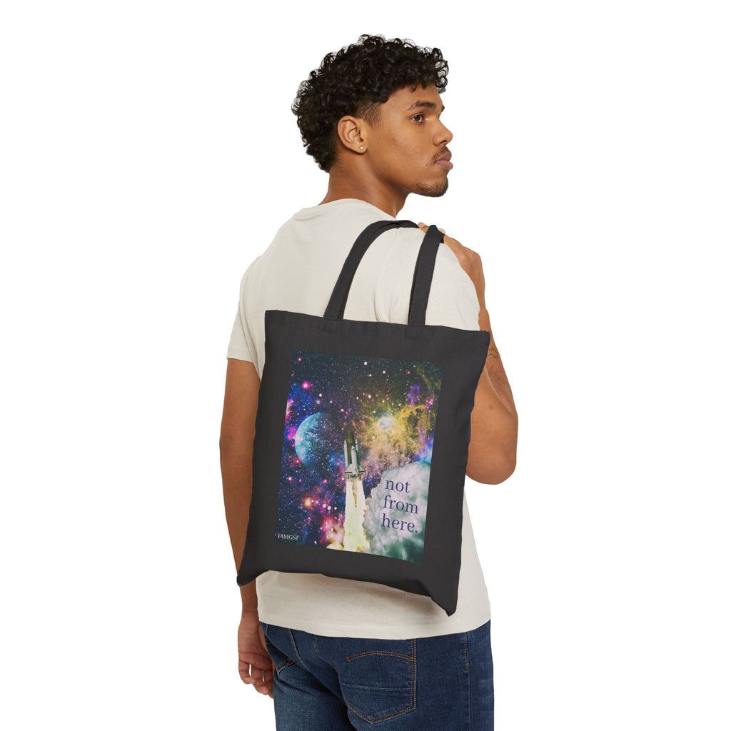 "Not from Here" Psychedelic Rocketship Blasting Off - Galactic Outer Space Tote Bag