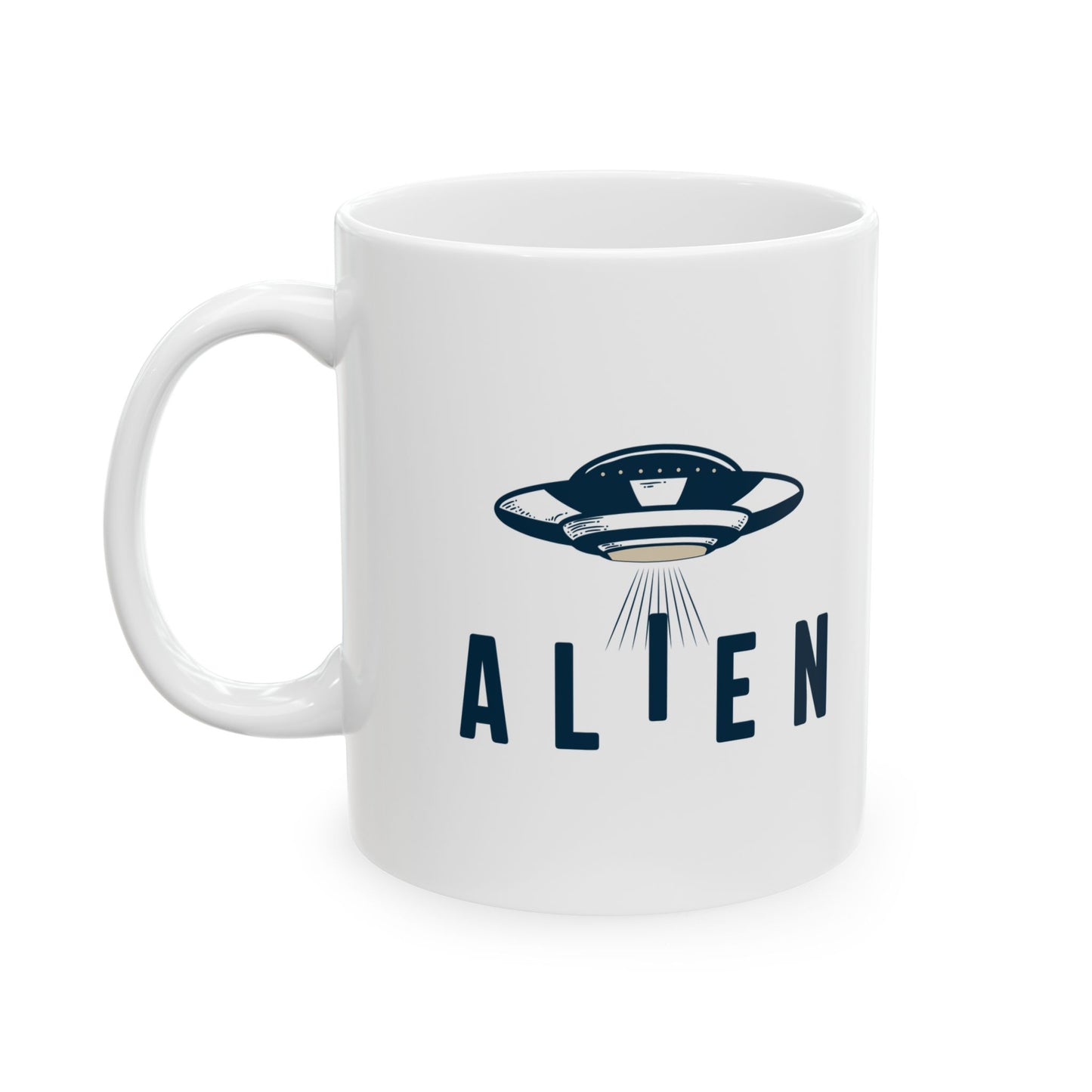 Alien with UFO - White Ceramic Mug, (11oz, 15oz)