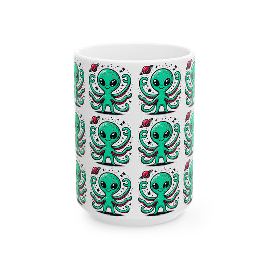 Cute Alien Pattern - White Ceramic Mug, (11oz, 15oz)