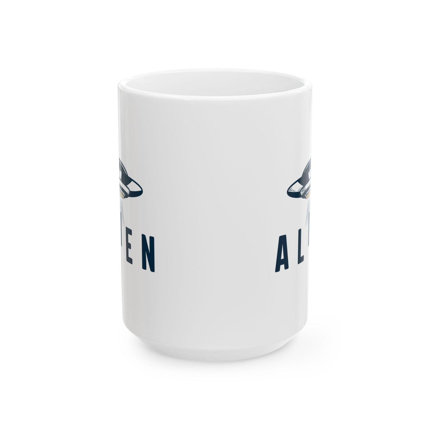 Alien with UFO - White Ceramic Mug, (11oz, 15oz)