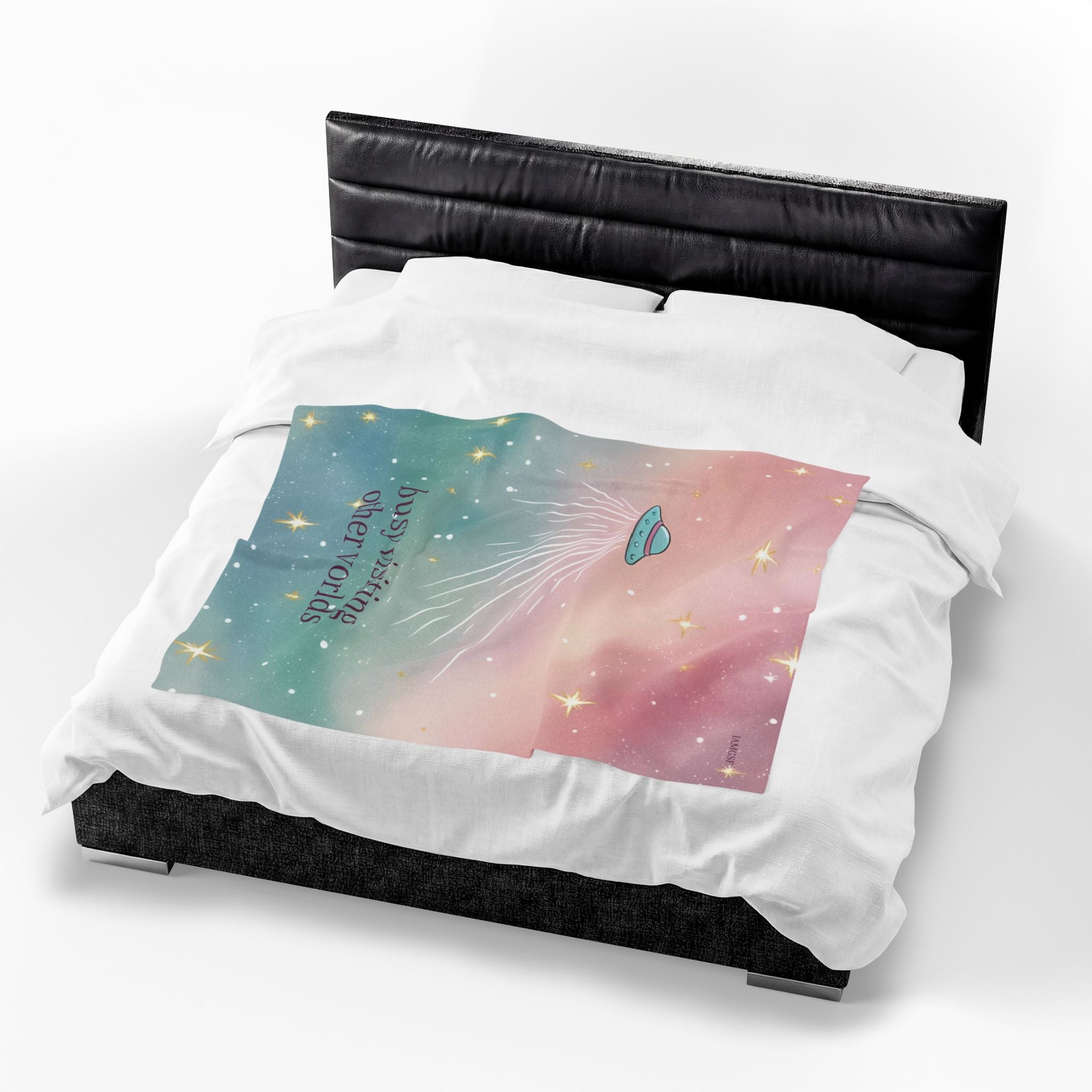 "Visiting Other Worlds" Playful UFO Dreamscape - Velveteen Plush Blanket