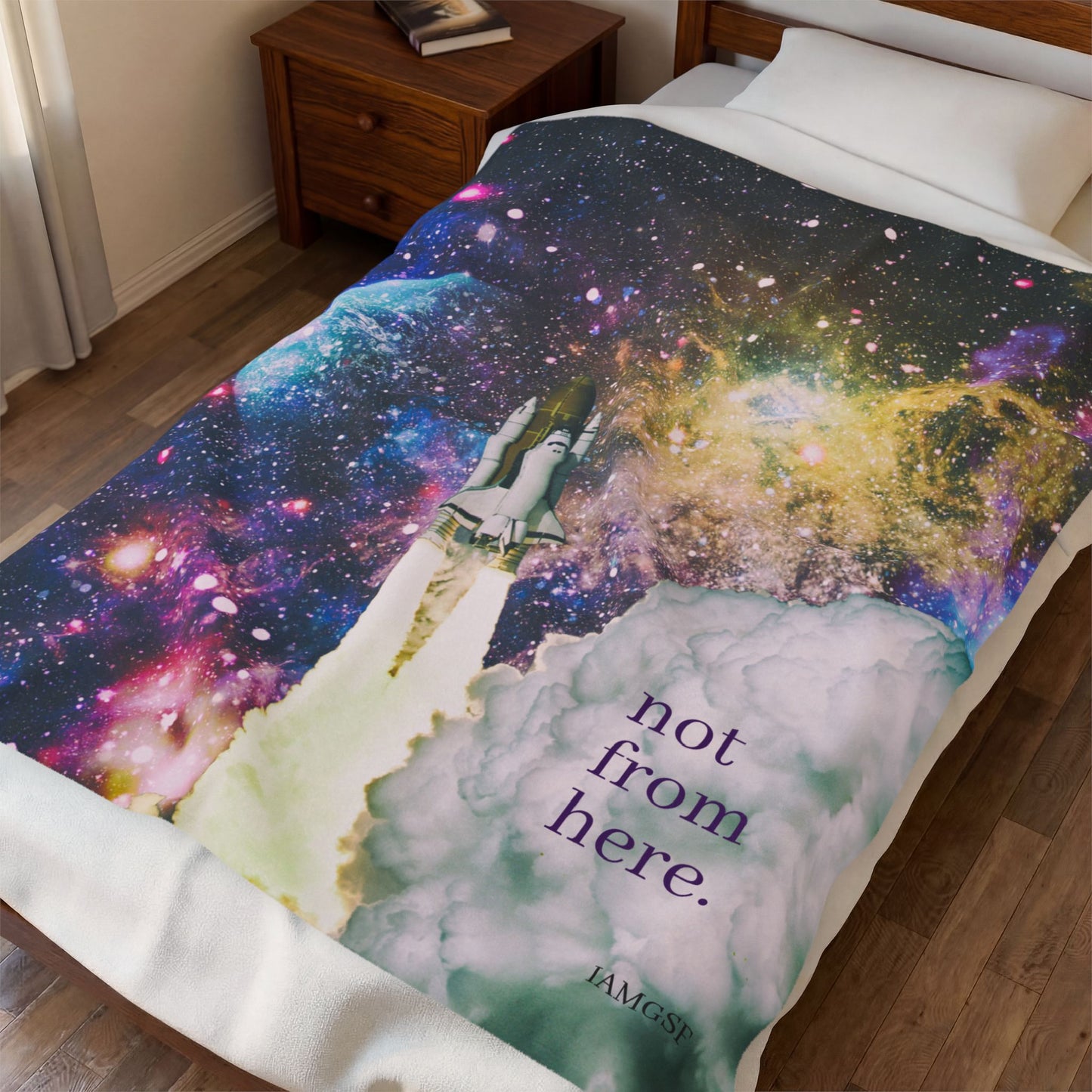 "Not From Here" Rocketship Launch - Galactic Outer Space Blanket