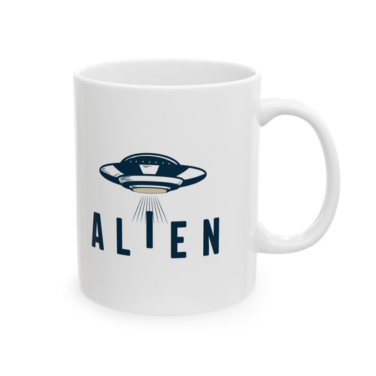 Alien with UFO - White Ceramic Mug, (11oz, 15oz)