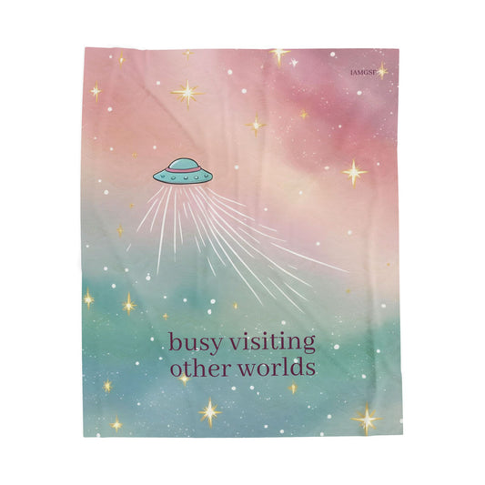 "Visiting Other Worlds" Playful UFO Dreamscape - Velveteen Plush Blanket