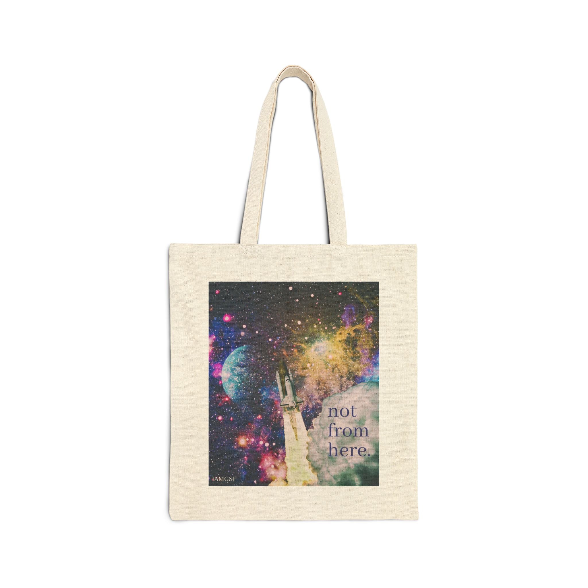 "Not from Here" Psychedelic Rocketship Blasting Off - Galactic Outer Space Tote Bag