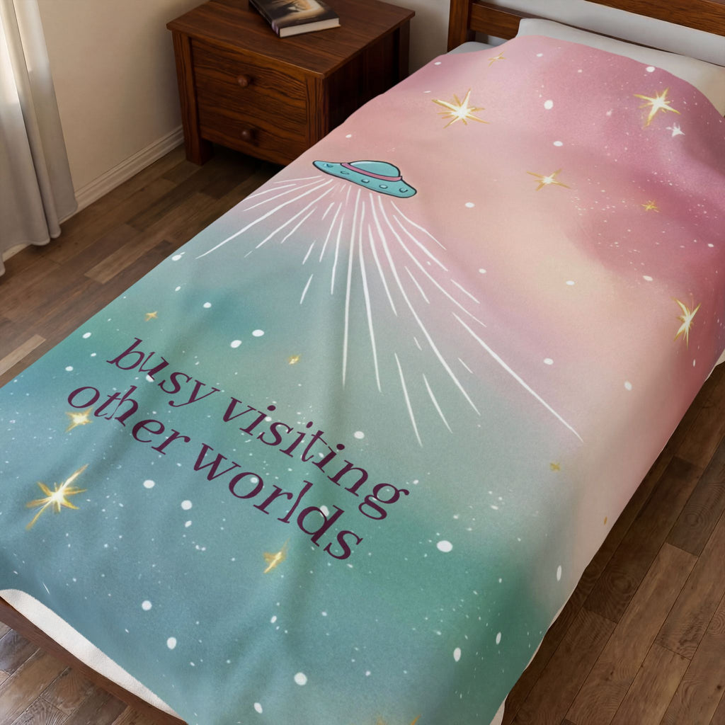 "Visiting Other Worlds" Playful UFO Dreamscape - Velveteen Plush Blanket