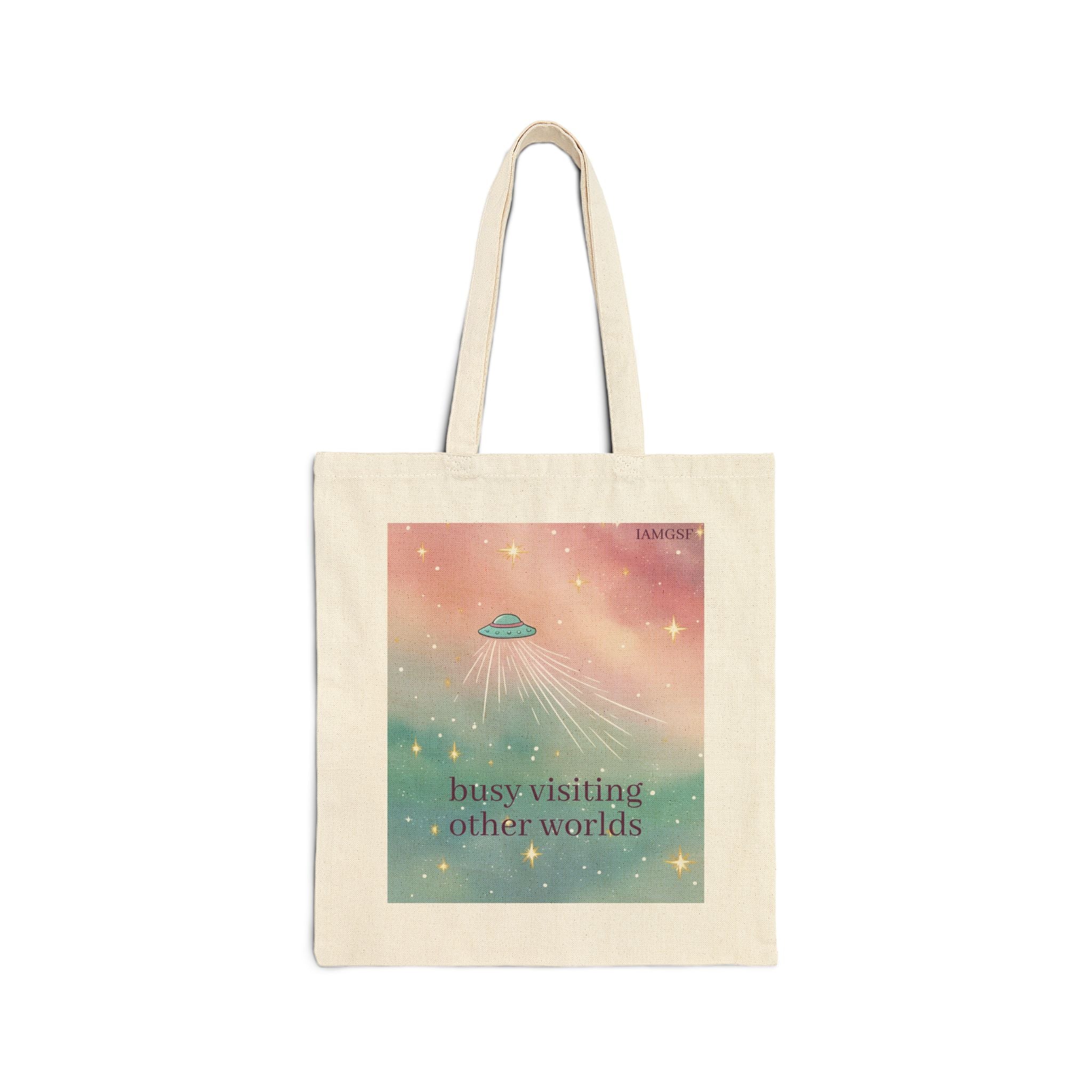 "Visiting Other Worlds" UFO Dreamscape Tote Bag - Cosmic Pastel Canvas Shopper
