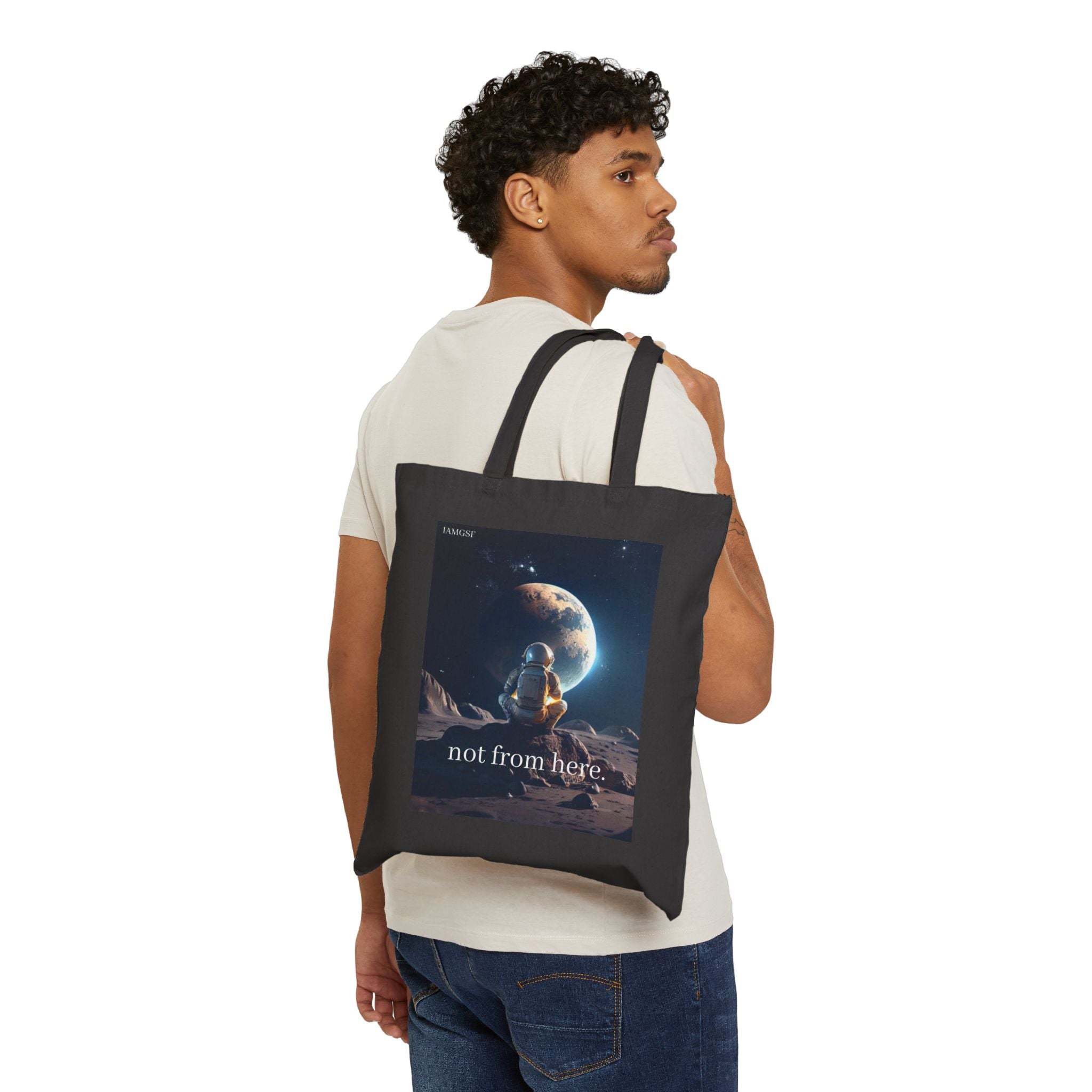 "Not from Here" Astronaut Gazing Back at Earth - Galactic Outer Space Tote Bag