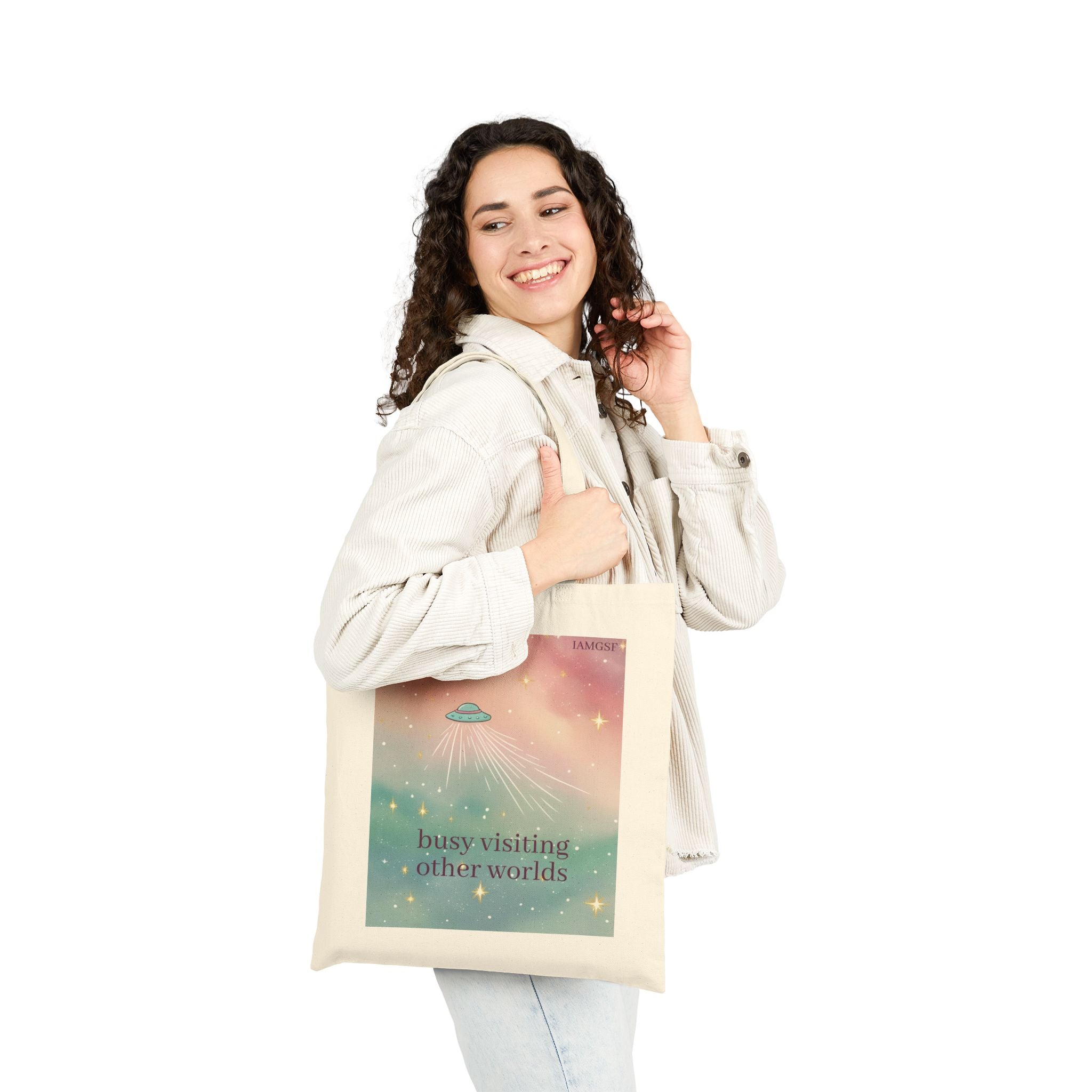 "Visiting Other Worlds" UFO Dreamscape Tote Bag - Cosmic Pastel Canvas Shopper