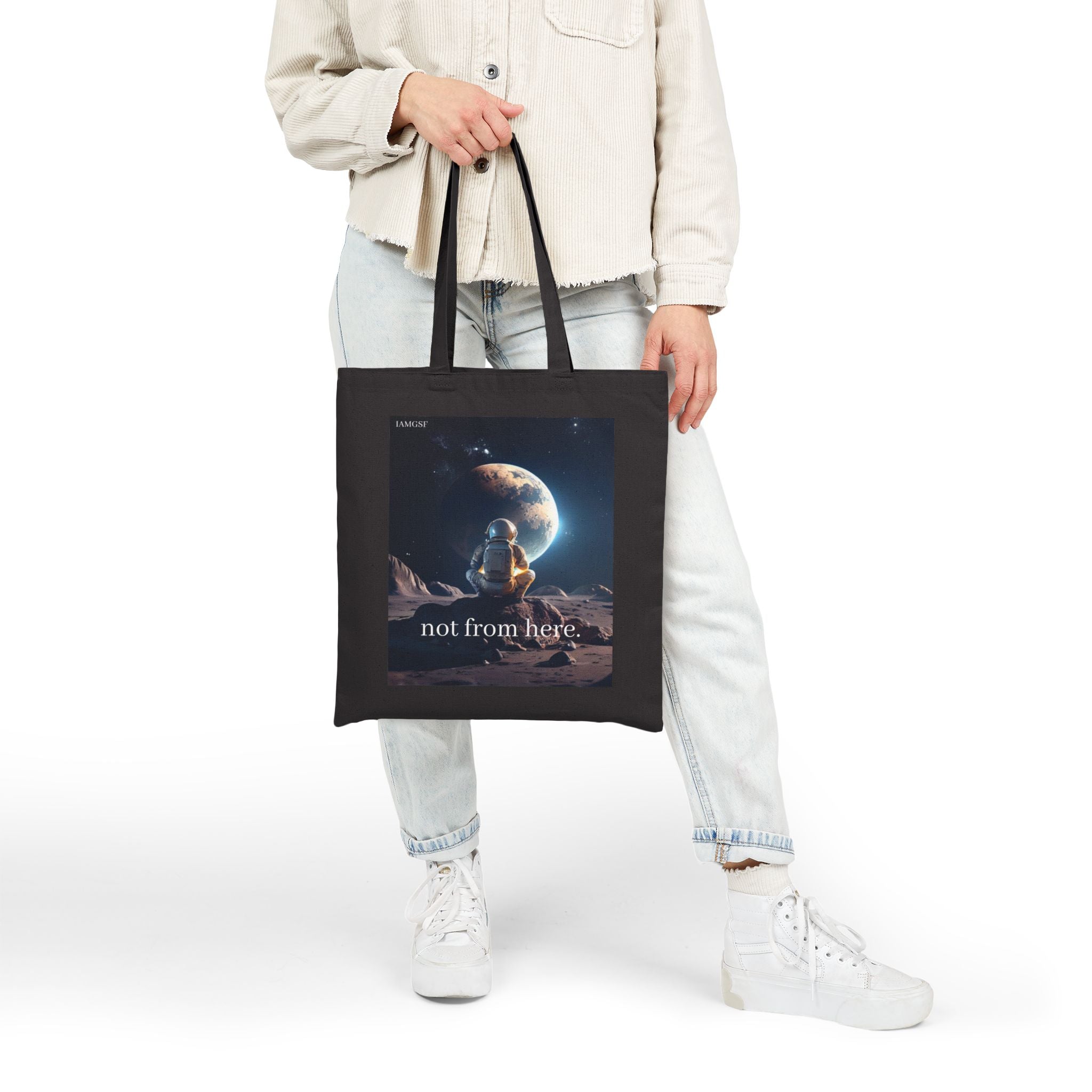 "Not from Here" Astronaut Gazing Back at Earth - Galactic Outer Space Tote Bag