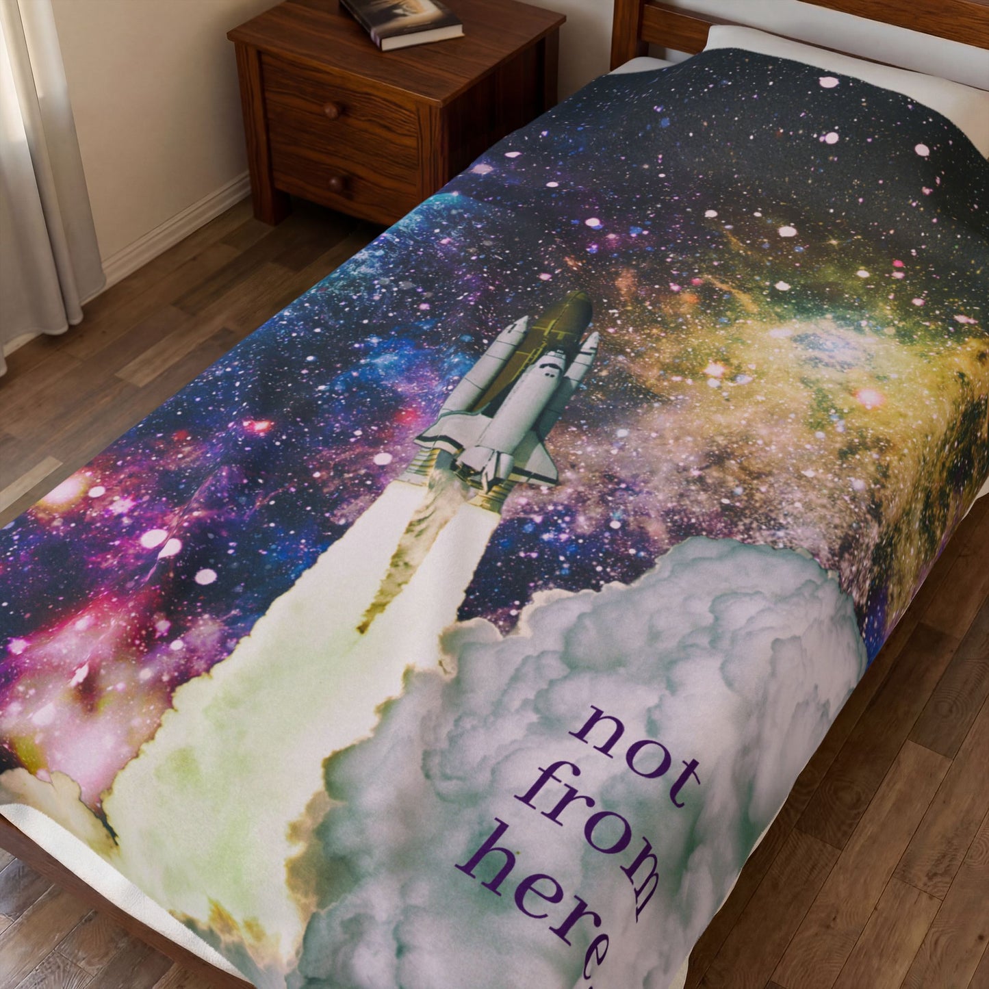 "Not From Here" Rocketship Launch - Galactic Outer Space Blanket