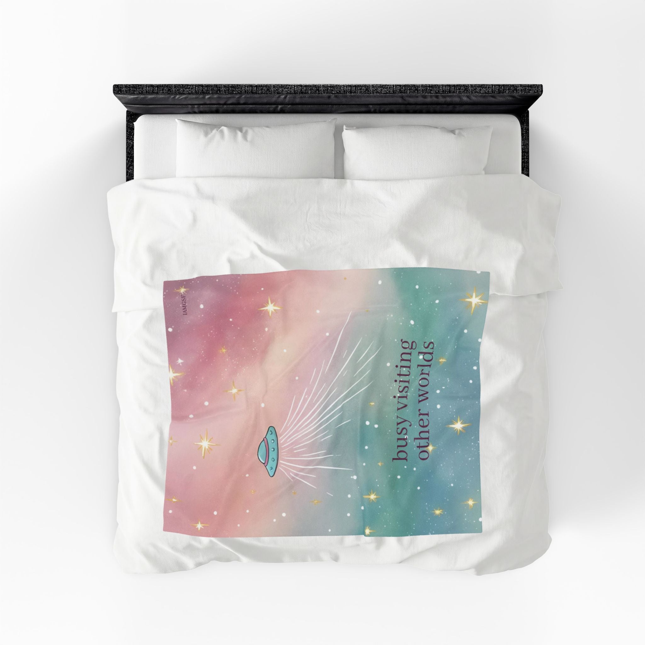 "Visiting Other Worlds" Playful UFO Dreamscape - Velveteen Plush Blanket
