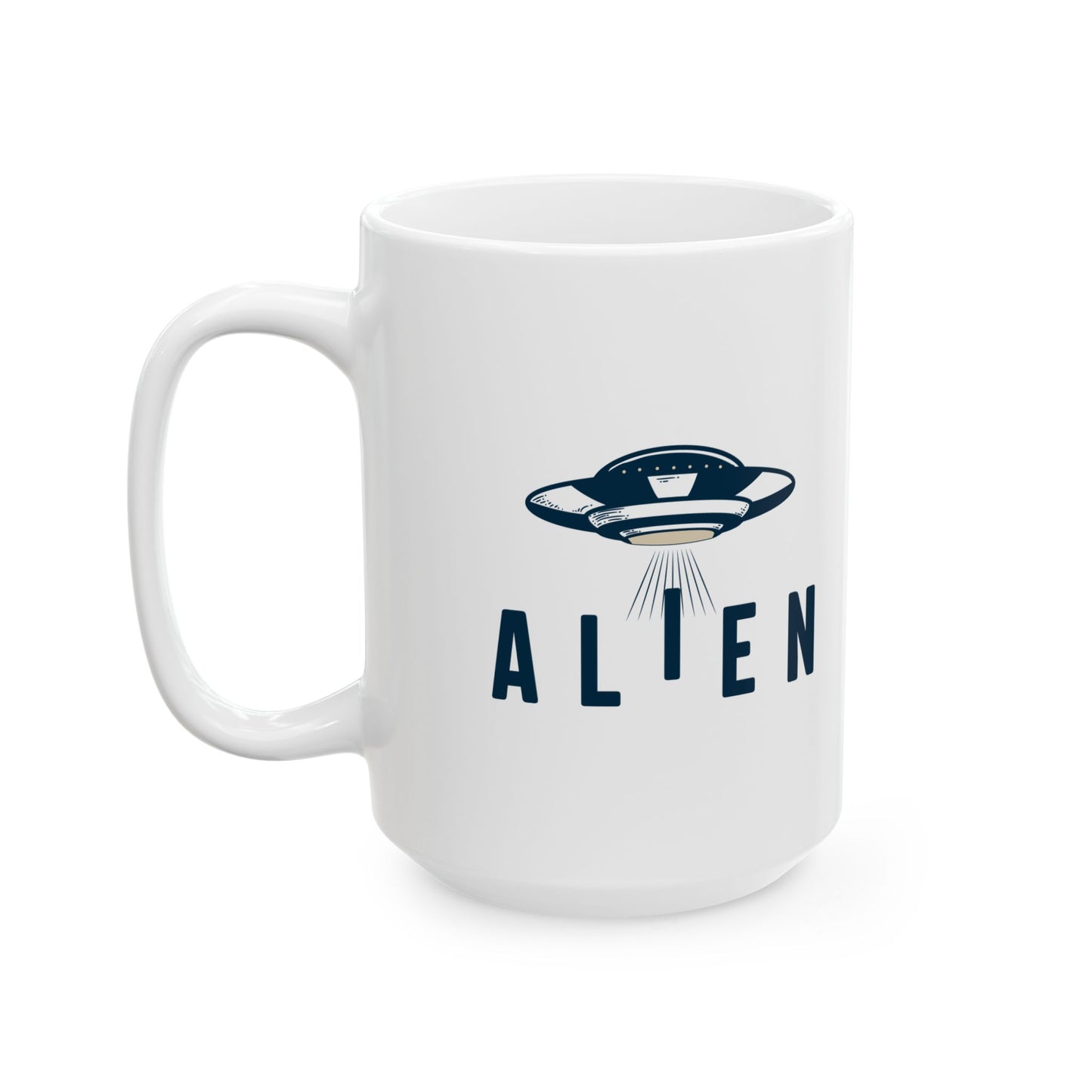 Alien with UFO - White Ceramic Mug, (11oz, 15oz)